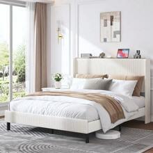 Bed Frame 160 X 200 Cm, Padded Platform With Fabric Headboard, Rounded Edges, Non-Slip And Silent, Metal Slatted Base, Without Upholstered Base. - White - View 9