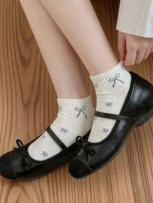 1/5双装女士纯色休闲蝴蝶结短袜，柔软舒适，适合日常、户外、运动穿着，四季皆宜，颜色随机。 - 彩色 - 查看 4