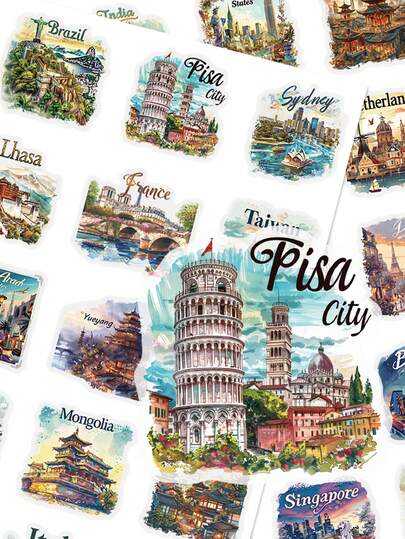 50pcs World Landmark Stickers PET Transparent Material Suitable For Laptops, Cars, Planners, Phone Cases, Calendars, Helmets, Motorcycle Bumpers Decorative Decals Easy To Peel And Apply For Plastic And Ceramic Surfaces Perfect For Winter And New Year Use