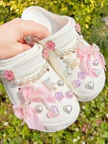 18pcs Colorful Shoe Accessories (Pearl Butterfly, Teddy Bear, Heart, Star, Flower) Cute & Sweet, Suitable For Spring/Summer Women's Shoes, Sandals, Slippers, Beach Shoes, Garden Shoes, DIY Decorative Accessories, Ideal Fashion Item, Holiday/Birthday/Party Gift, Pink 15pcs Beige - Multicolor - View 1