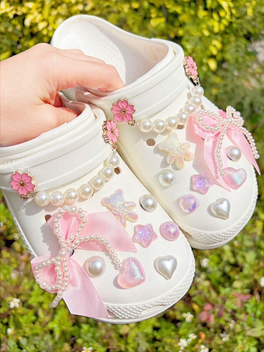18pcs Colorful Shoe Accessories (Pearl Butterfly, Teddy Bear, Heart, Star, Flower) Cute & Sweet, Suitable For Spring/Summer Women's Shoes, Sandals, Slippers, Beach Shoes, Garden Shoes, DIY Decorative Accessories, Ideal Fashion Item, Holiday/Birthday/Party Gift, Pink 15pcs Beige - Multicolor - View 1