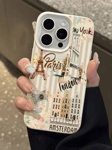 1件装 时尚个性化旅行城市伦敦巴黎纽约图案荔枝纹理防摔防滑软手机壳保护套 兼容苹果手机 - 彩色 - 查看 4