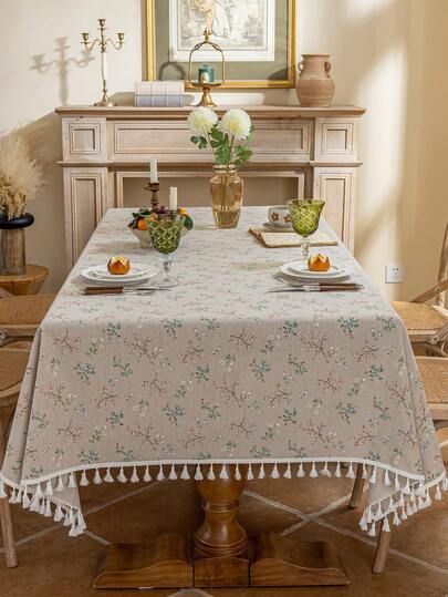 1 pieza Mantel con estampado de planta marrón claro y flor blanca, tela decorativa de estilo rústico y campestre con flecos, adecuado para picnic, té de la tarde, fiesta, restaurante, boda, decoración de mesa de comedor en el hogar