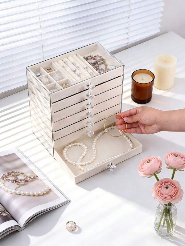 1pc 7/5/3/1 Layer Velvet Jewelry Box, Drawer Style Jewelry Box For Rings, Earrings, Necklaces, Bracelets And Pendants Storage, Transparent Plastic And Velvet Drawers, Elegant Display Stand With Crystal Knob, Luxury 3-Tier Jewelry Organizer