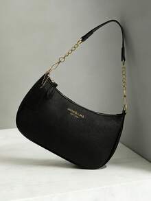 这款时尚、经典、百搭的字母图案设计纯色PU防水材质新月形肩包/腋下包，适合购物，也可斜挎。 - 黑色 - 查看 1