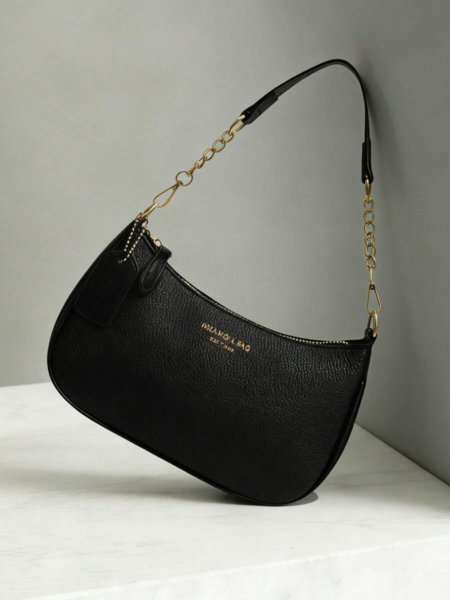 这款时尚、经典、百搭的字母图案设计纯色PU防水材质新月形肩包/腋下包，适合购物，也可斜挎。 - 黑色 - 查看 1