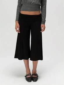 Women Fold Over Lounge Capris Flare Pants Low Rise Wide Leg Flowy Gaucho Pants Comfy Casual Yoga Cropped Trouser Folding Palazzo Culotte Pajama Bottoms - 黑色 - 查看 1