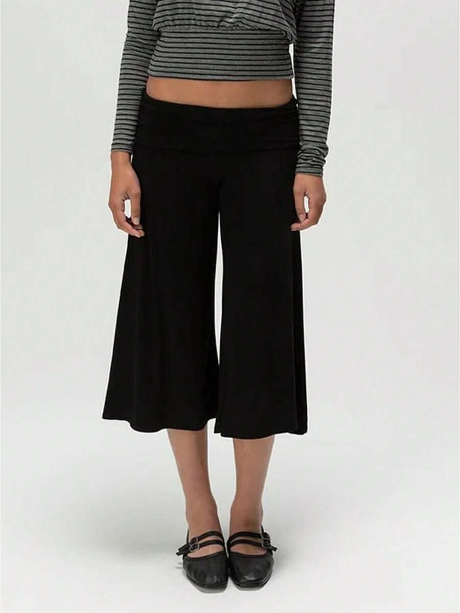 Women Fold Over Lounge Capris Flare Pants Low Rise Wide Leg Flowy Gaucho Pants Comfy Casual Yoga Cropped Trouser Folding Palazzo Culotte Pajama Bottoms - 黑色 - 查看 1