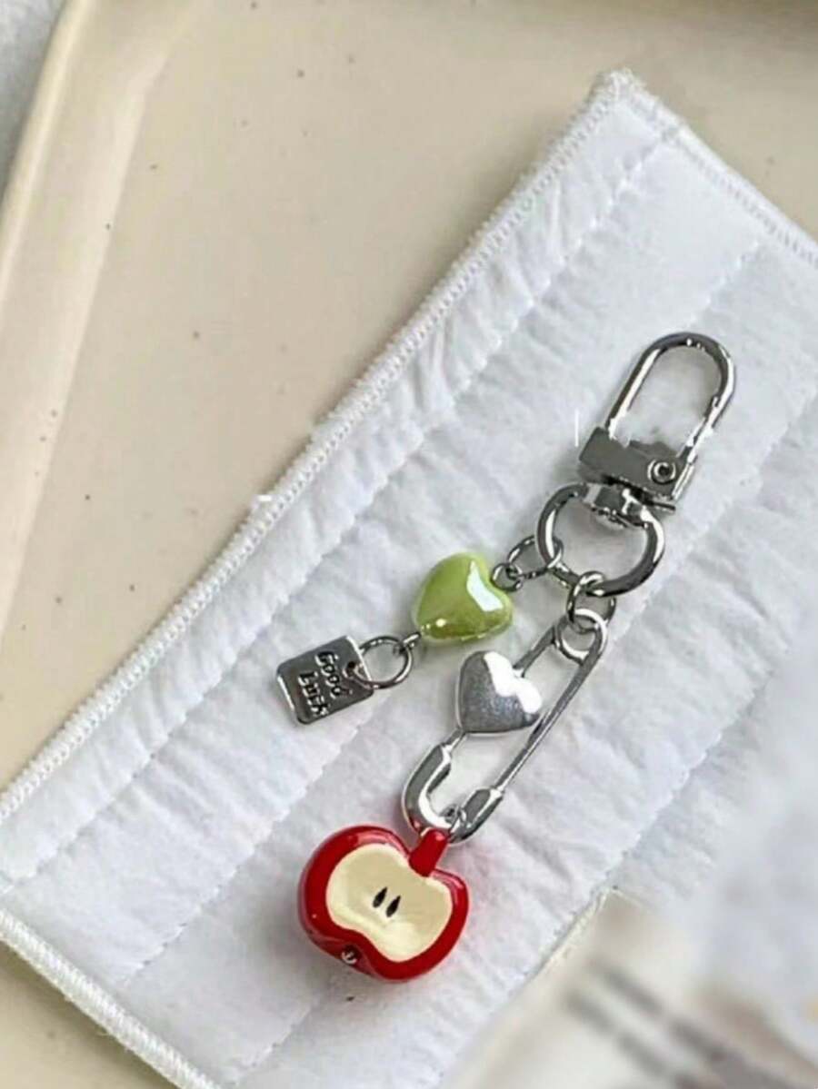 1pc Handmade Fruit Series Apple Phone Charm, Cute Niche Heart Beaded Keychain For Women - Multicolor - View 1