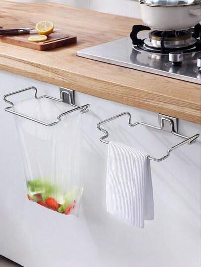 Stainless Steel Trash Bag Holder, Kitchen Cabinet Organizer Hanging Trash Can Rack, Towel & Dishcloth Holder