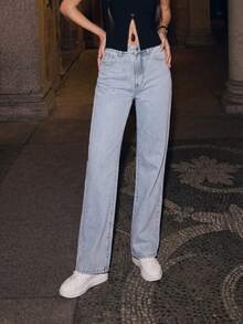 Quần jeans nữ ống rộng rách rưới phong cách Y2K, kiểu dáng thường ngày, màu denim sáng. - Màu xanh lam - Xem 5