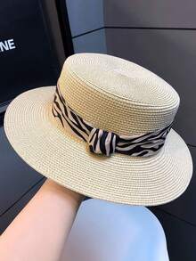 1pc Elegant Wide Brim Zebra Print Straw Hat, Suitable For Spring And Summer, Suitable For Outdoor Activities, Beach, Travel And Vacation. Features Include UV Protection, Breathability, Moisture-Wicking, Multi-Functional And Portable Design. - Multicolor - View 5