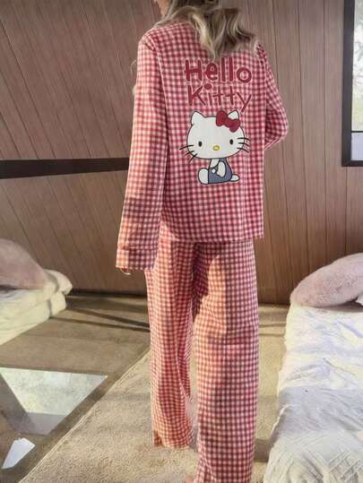  2pcs Sanrio Hello Kitty Pajama Set, Long Sleeve Plaid Print Shirt Top + Pants, Cute Large Print