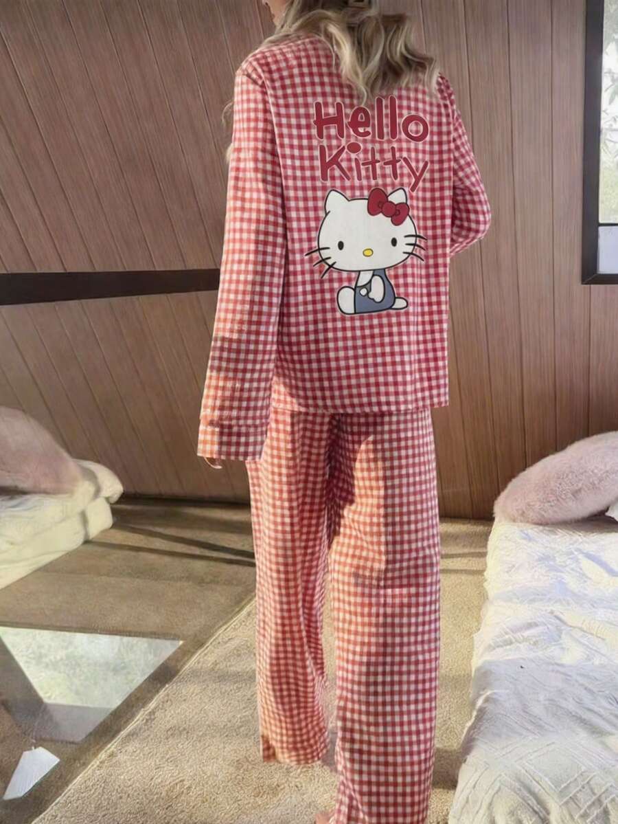 2pcs Sanrio Hello Kitty Pajama Set, Long Sleeve Plaid Print Shirt Top + Pants, Cute Large Print - Red - View 1