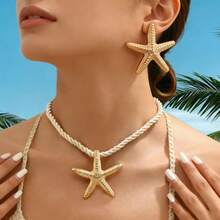 1 Set de Joyería Estilo Bohemio Océano con Collar, Aretes y Anillo de Estrella de Mar para Mujer - Conjunto de estrellas de mar - Ver 1