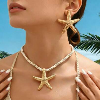 1 Set de Joyería Estilo Bohemio Océano con Collar, Aretes y Anillo de Estrella de Mar para Mujer