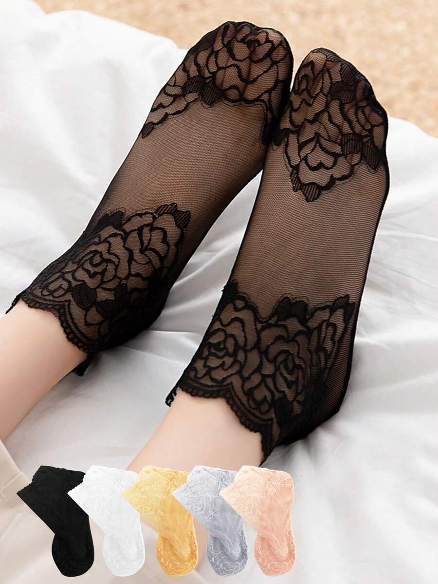 1/5/10双装 时尚女士蕾丝玫瑰花网眼袜 防滑隐形内衬袜 女式弹力舒适薄款透气短袜 柔软