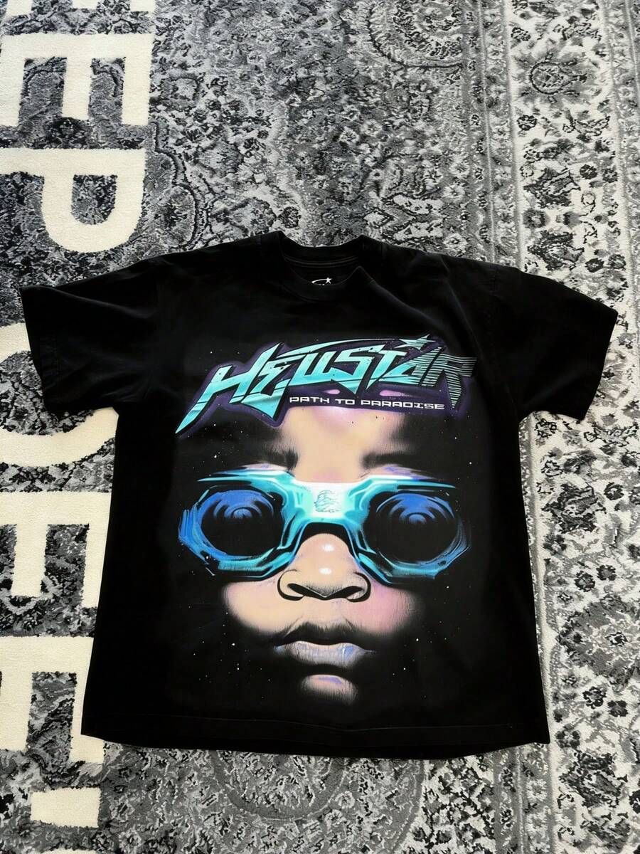 Hellstars Path To Paradise Goggles Portrait Y2K Graphic T-Shirt,220g 100% Cotton,Round Neck Short Sleeve,Black Streetwear Essential For Summer Going Out,Unisex Style - Black - View 1