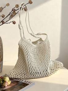 女士镂空钩编单肩手提包 夏季海滩度假手工编织大号包 - 米色 - 查看 3