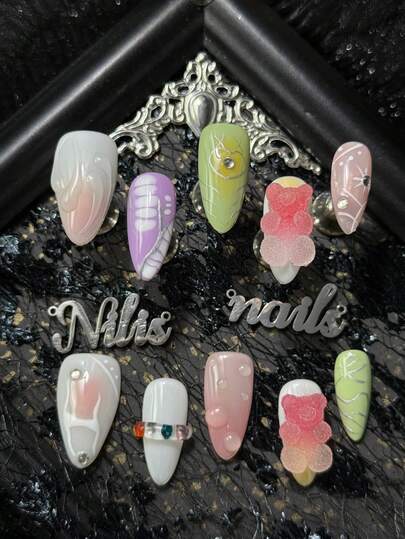 10pcs Almonds Nail Acrylic Kit, Pink, White, Purple And Other Colors Of Nails, Pink And White Gradient Blending, Hand Drawn Butterfly Wing Texture&Leaf Vein Texture&Wave Lines And Other Geometric Patterns, Paired With 3D Gradient Gummy Bears&Small Silver Rhinestones And Other Nail Accessories