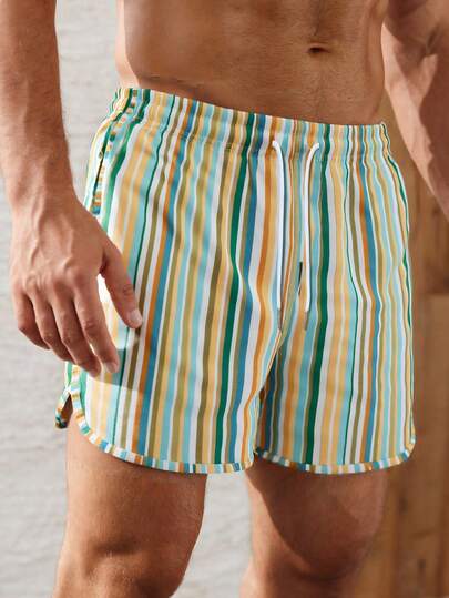 Men's Drawstring Waist Striped Pocket Casual Beach Shorts Vertical Striped Drawstring Waist Swim Trunks Striped Vacation Casual Swim Shorts Men's Swim Trunks Men's Beach Wear Men's Swim Shorts Hawaiian Style