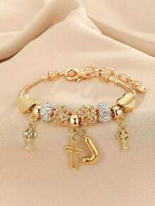 1pc 26 Letter, Heart, Cross, Flower Beaded Bracelet, Fashionable Youth Keychain, Cross Pendant Bracelet - Multicolor - View 43