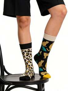 1双男女通用豹纹AB袜，个性化定制常规中筒袜，适合春夏穿着 - 黑色 - 查看 3