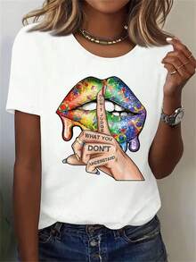 1PC 100% Cotton Colorful Lips And Hand Shush Pattern Women's Short Sleeve TShirt - White - View 1