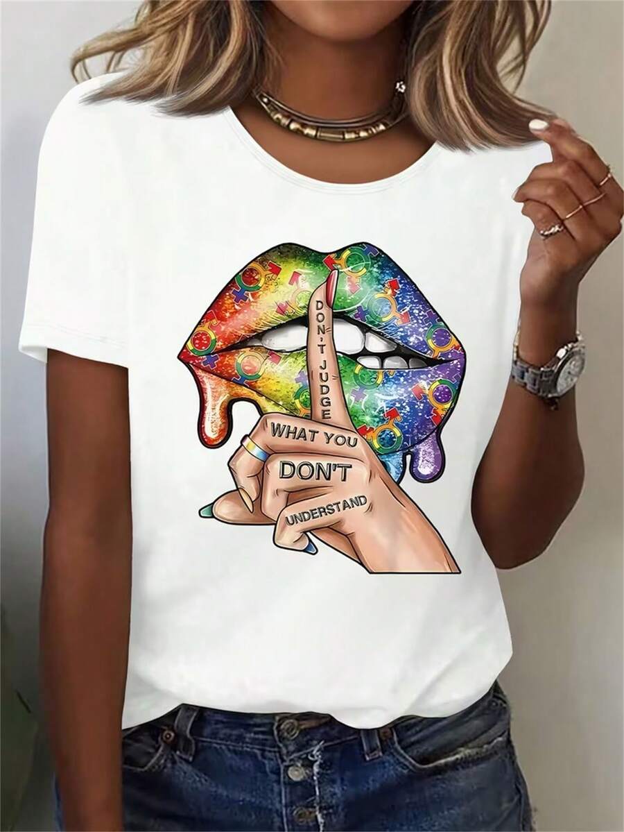 1PC 100% Cotton Colorful Lips And Hand Shush Pattern Women's Short Sleeve TShirt - White - View 1