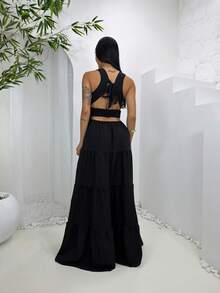 Women's Long Dress With Butterfly Knot - 純黑色 - 查看 2