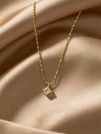 1件不锈钢防水防褪色金色水钻钻石形吊坠项链，适合女士日常佩戴