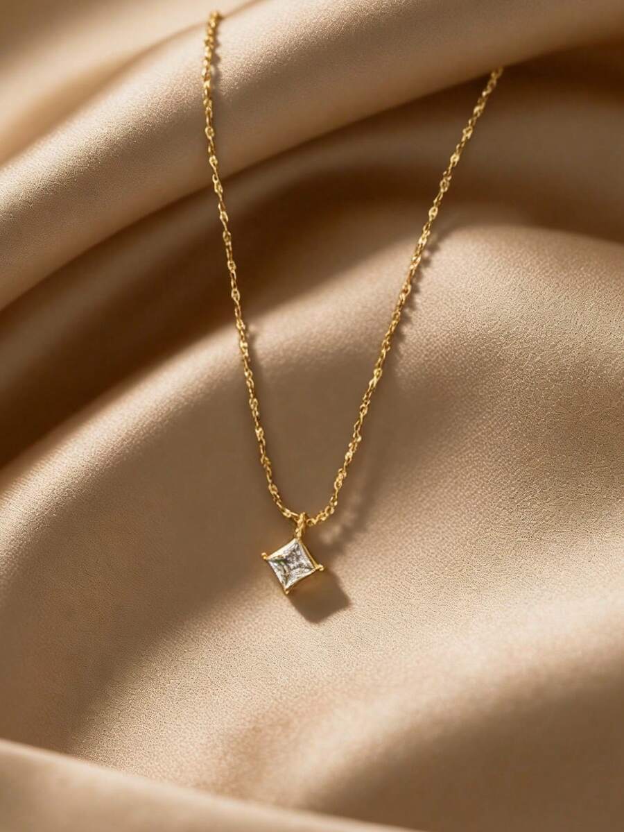 1件不锈钢防水防褪色金色水钻钻石形吊坠项链，适合女士日常佩戴 - 金色 - 查看 1