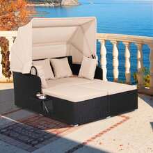 Patio Rattan Daybed Lounge Retractable Top Canopy Side Tables Cushions - 米色 - 查看 2