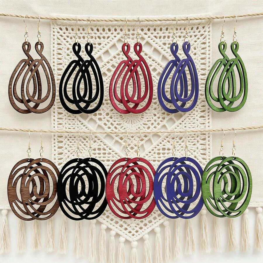 5 Pairs/Set Minimalist Hollow Geometric Wooden Pendant Earrings, Bohemian Style Versatile Retro Vacation Wooden Earrings, Suitable For Women's Daily Casual Wear, Holiday Gifts, Lightweight Unique Personalized Earrings - Multicolor-a - View 1