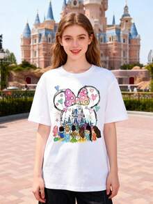 Women's Casual Cotton Round Neck Short Sleeve T-Shirt With Mickey Mouse Disneyland Princesses Graphic Print, Regular Fit Top - 白色 - 查看 1