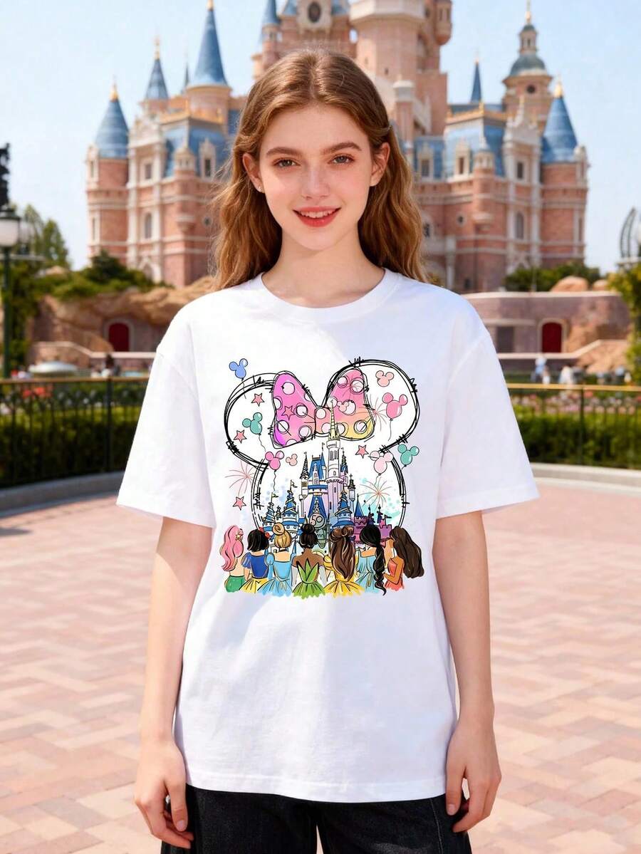Women's Casual Cotton Round Neck Short Sleeve T-Shirt With Mickey Mouse Disneyland Princesses Graphic Print, Regular Fit Top - 白色 - 查看 1