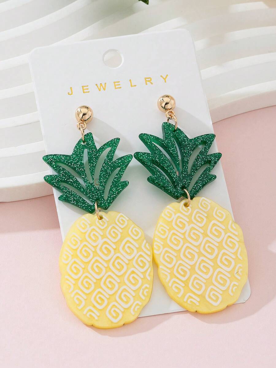 1 Pair Cute Pineapple Design Fashion Jewelry Earrings For Women, Perfect Accessory For Beach Vacation In Spring/Summer - Multicolor - View 1