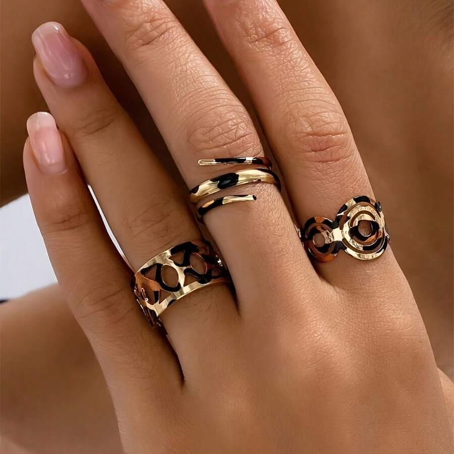 3pcs Fashionable Elegant Vintage Leopard Print Circle Design Open Ring Set, Suitable For Women's Daily Wear - Multicolor - View 1