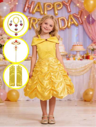 Young Gin Yellow Vintage Pleated Dress With Crown, Magic Wand Necklace, Bracelet, Earrings, Ring, Gloves, Body Jewelry, Elegant Princess Dress Suitable For Girls Birthday Party, Outings, Hangouts And Other Major Events