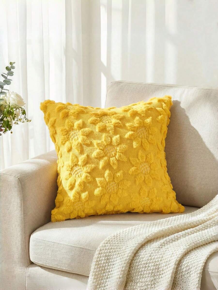 春夏奶油白向日葵抱枕套套装（1件），季节性农舍风格装饰黄色花朵爱心柔软毛绒仿毛皮提花靠垫套，适用于家居沙发 - 黃色 - 查看 1