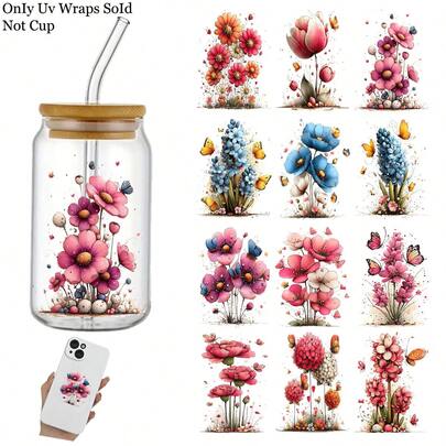 4张水彩花卉蝴蝶主题防水可水洗UV DTF转印贴纸，适用于16盎司玻璃咖啡杯、马克杯、陶瓷杯、电脑转印纸、装饰品等，黄色、粉色、蓝色等多种花朵图案，适合DIY，适合手工爱好者（包装出售，不含杯子）