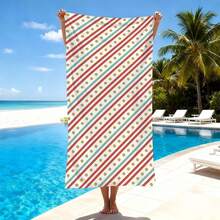 复古红蓝斜条纹金色圆点速干沙滩巾，夏季旅行度假必备，超细纤维沙滩露营巾，度假必备沙滩装备，超强吸水柔软毛巾，完美适用于夏季旅行，沙滩必备，露营装备，度假必备，时尚复古波点图案毛巾，是海滩、露营旅行和夏季探险的理想之选，轻便速干超细纤维毛巾，优质夏季旅行配件 - 紅藍 - 查看 7