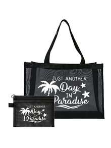 女士大号网眼沙滩手提包套装，印有“Just Another Day In Paradise”字样，包含网眼手提包、小收纳袋、草编遮阳帽和心形时尚眼镜，网眼沙滩包，个性化礼品袋，网眼化妆包 - 彩色 - 查看 13