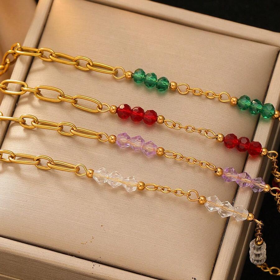 1件波西米亚风不锈钢玻璃珠彩色多巴胺时尚手链，女士款，18K镀金，高端黄金首饰 - 手鍊 - 查看 1