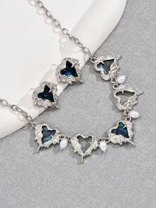 2pcs/Set Minimalist Asymmetrical Blue Heart Earrings & Necklace Set, Korean Stylish Personalized Jewelry - Multicolor - View 3
