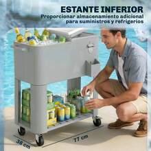 Outsunny Carrito Nevera de 76L con Ruedas, Carro de Bebidas con Estante, Abrebotellas, Recogetapas, Drenaje y 2 Asas, Mesa Nevera Jardín Exterior para Patio, Fiesta, BBQ, 92x39x81 cm, Plateado - Plateado - Ver 5