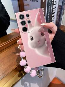 1pc Cute Fluffy White Rabbit Pattern TPU Soft Phone Case With Dusty Pink Tone, And 1pc Fashionable Fuzzy Pom Pom Wrist Strap Lanyard, Suitable For Samsung A14/A54/A56/A31 4G/A23, A98, S24/S25 Ultra, A5 13C/14C, Note 14/15 Pro 4G, K60 Ultra - Multicolor - View 2