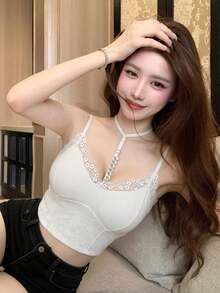 White Lace Camisole, Sexy Backless Undershirt For Women, Metal Chain Spaghetti Strap Fishbone Top - White - View 3