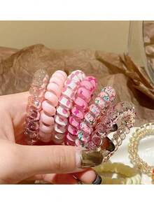 12 piezas/6 piezas Lazos para el cabello de alambre de teléfono rosa, bandas elásticas para el cabello, estilo dulce y lindo, accesorios para el cabello de mujer, adecuados para uso casual diario y al aire libre, útiles escolares, decoraciones para el cabello, accesorios de mujer - Rosa - Ver 4