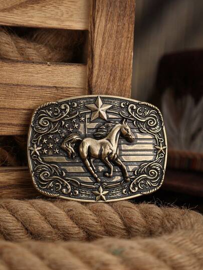 1pc Western Style Leather Belt Buckle, Engraved Horse Metal Buckle, Elegant Retro "Success Comes Easily" Design